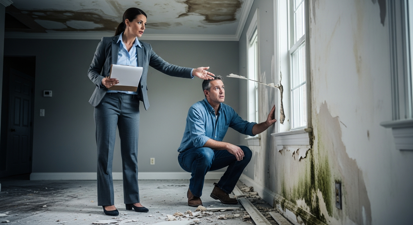 Insurance adjuster walking through a water-damaged room with a homeowner during the claim inspection