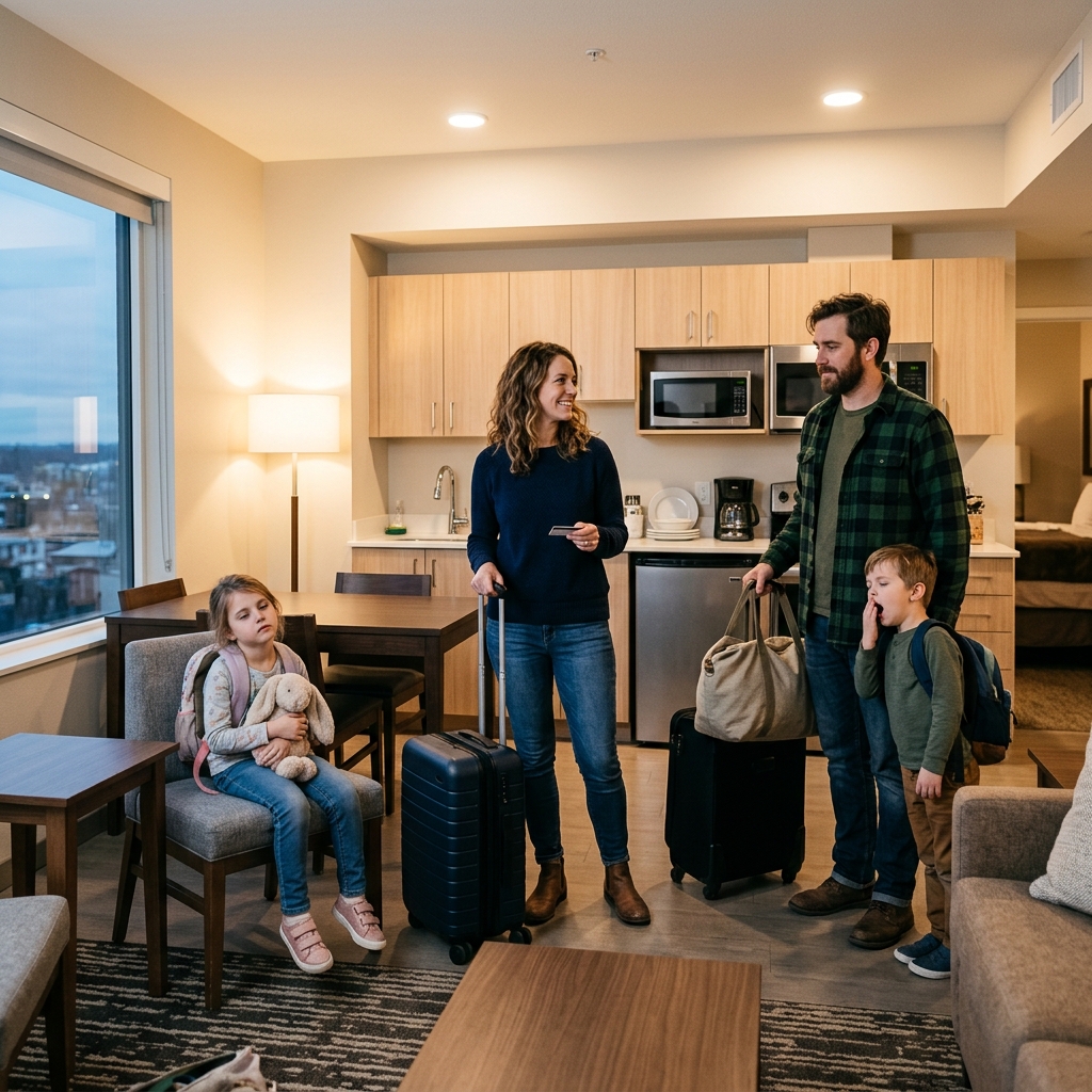 Family checking into temporary hotel housing during home restoration covered by ALE insurance