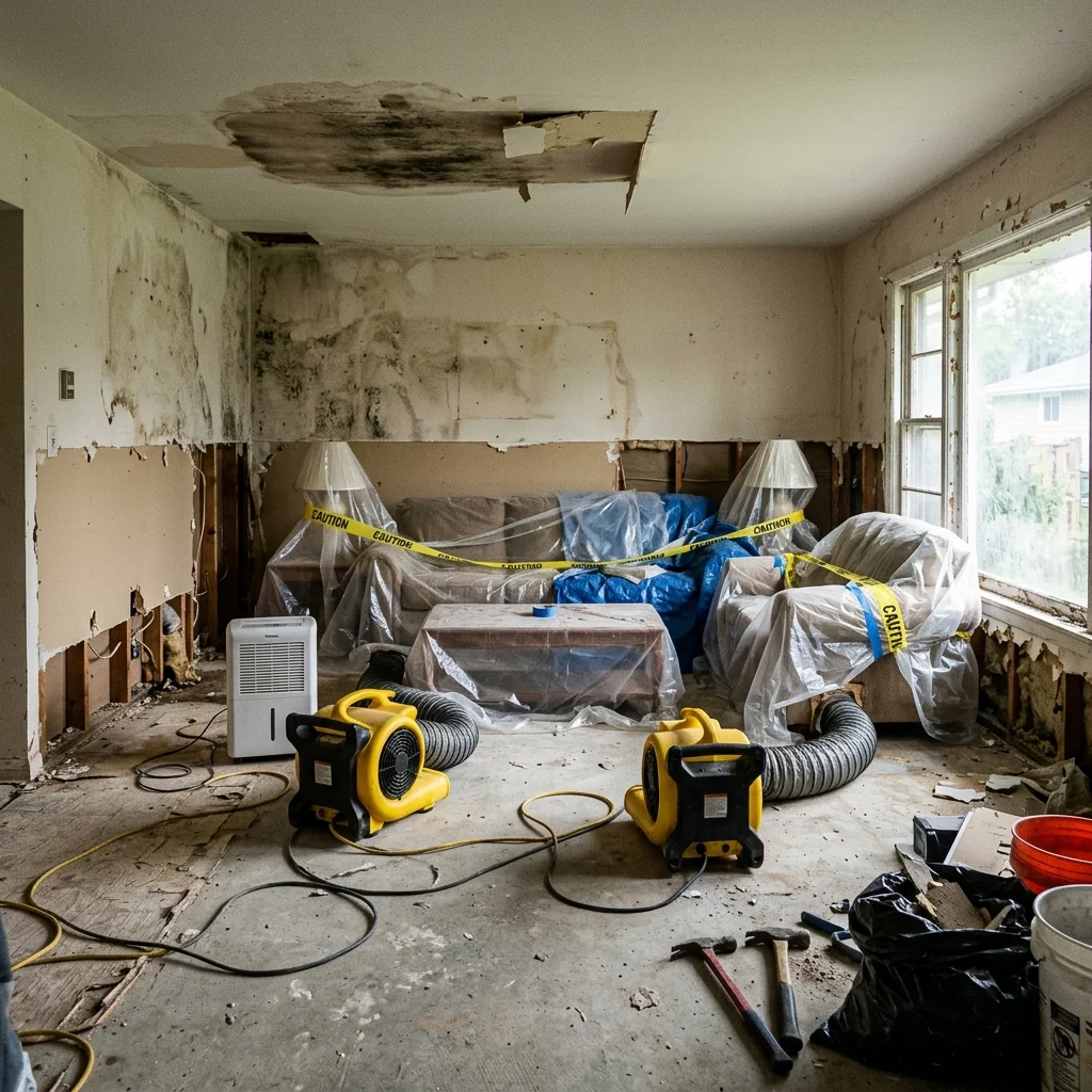 Uninhabitable water-damaged living room with industrial drying equipment during restoration