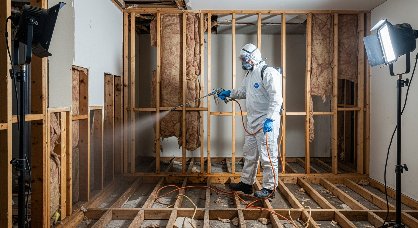 Restoration technician in PPE spraying antimicrobial solution onto exposed wall studs after flood damage