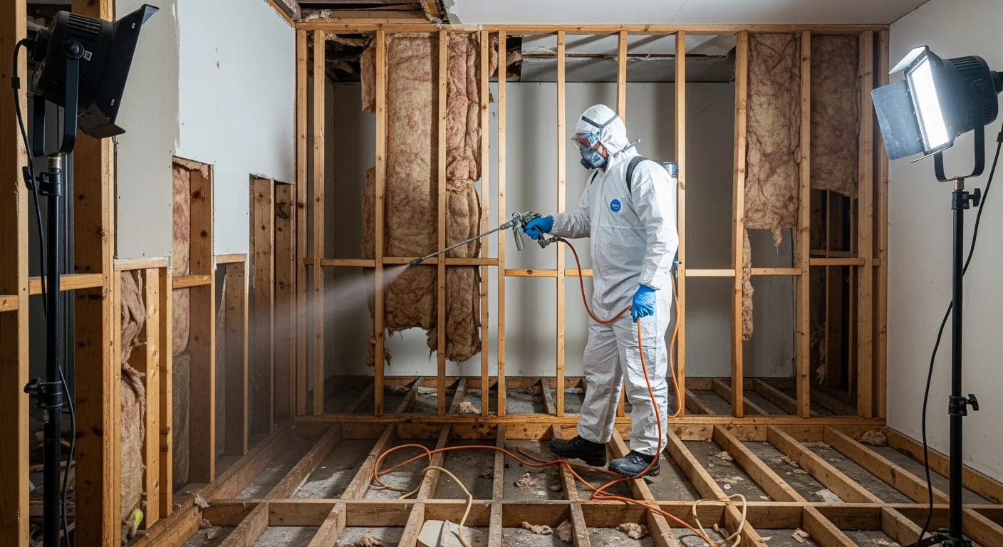 Restoration technician in PPE spraying antimicrobial solution onto exposed wall studs after flood damage