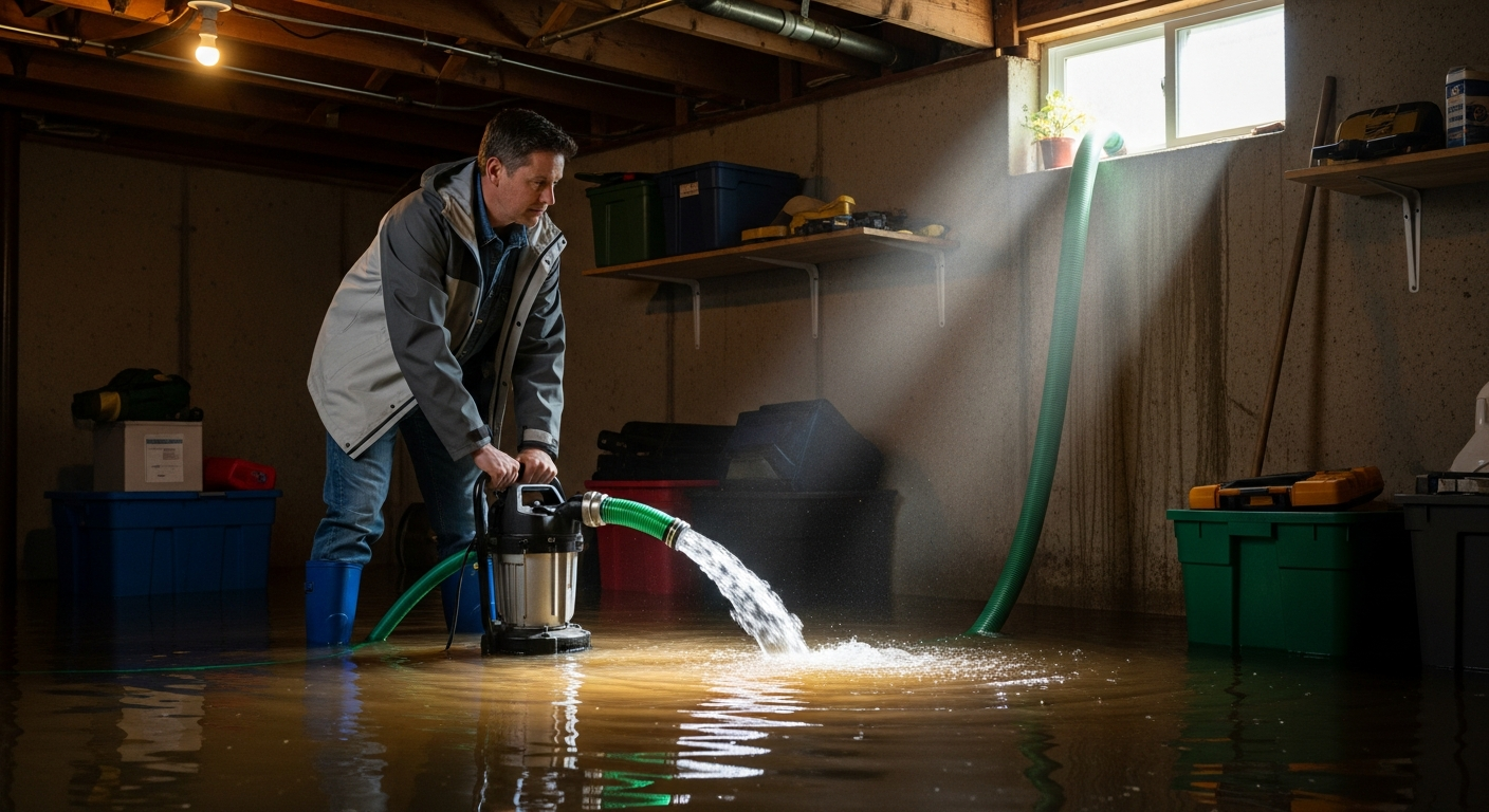 A homeowner in rubber boots safely operating a portable submersible pump in a partially flooded basement, hose running out a window, daylight — basement flooding what to do