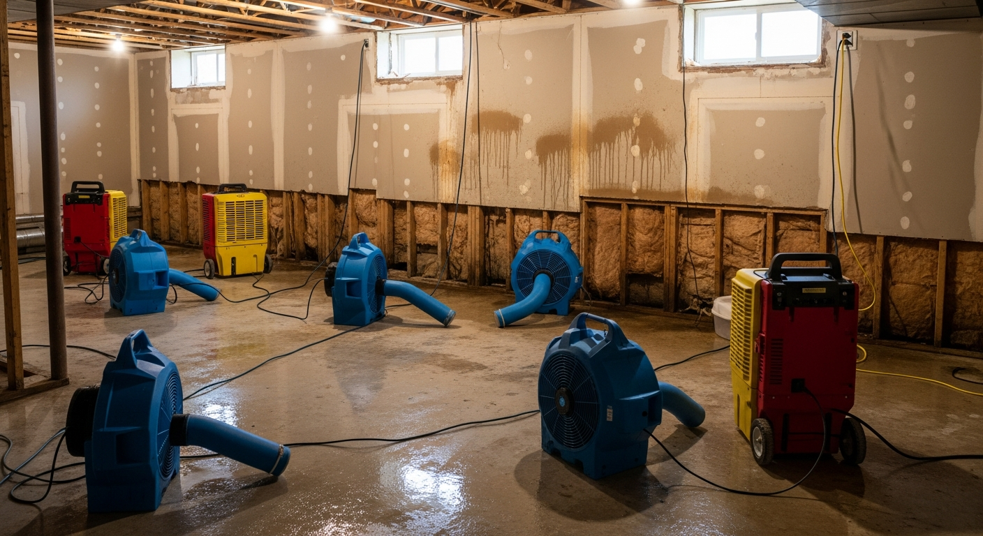 Industrial dehumidifiers and air movers running in a residential basement after water extraction, exposed framing visible after drywall removal — basement flooding what to do