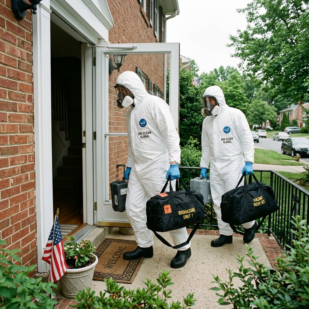 Biohazard cleanup crew in Tyvek suits and respirators entering a home for remediation