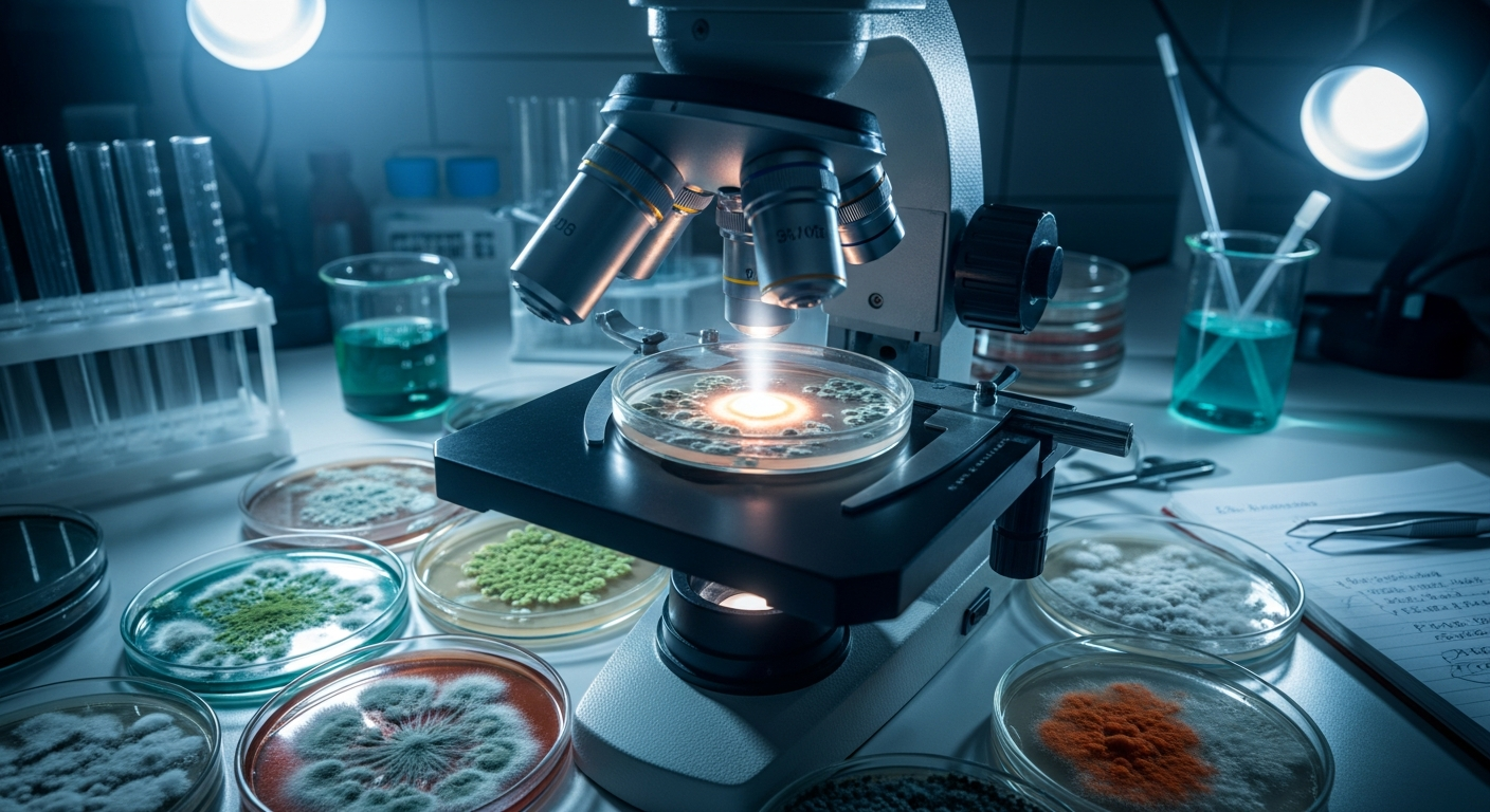 A microscope view or laboratory mold testing setup with petri dishes, scientific lighting — black mold vs regular mold