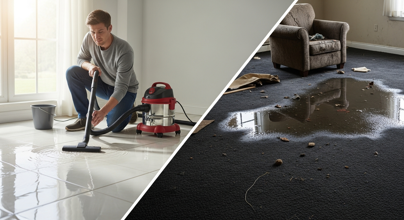 Editorial photo showing the contrast between a small DIY-appropriate water spill on a tile floor (homeowner with wet/dry vac) and a larger water damage scene with saturated carpet, side-by-side framin