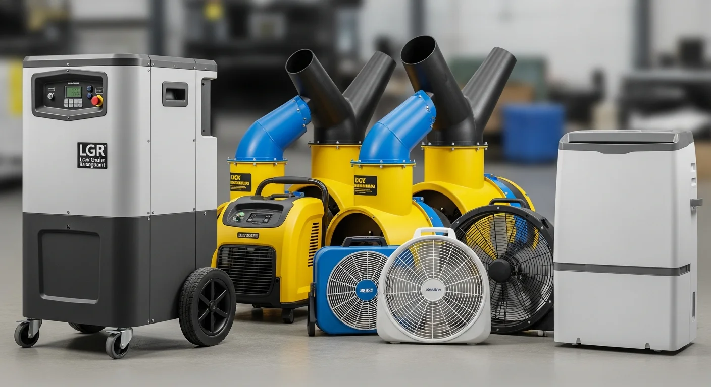 Professional restoration equipment side-by-side with consumer equivalents — industrial LGR dehumidifier next to a small consumer dehumidifier, professional air movers next to box fans, , realistic edi
