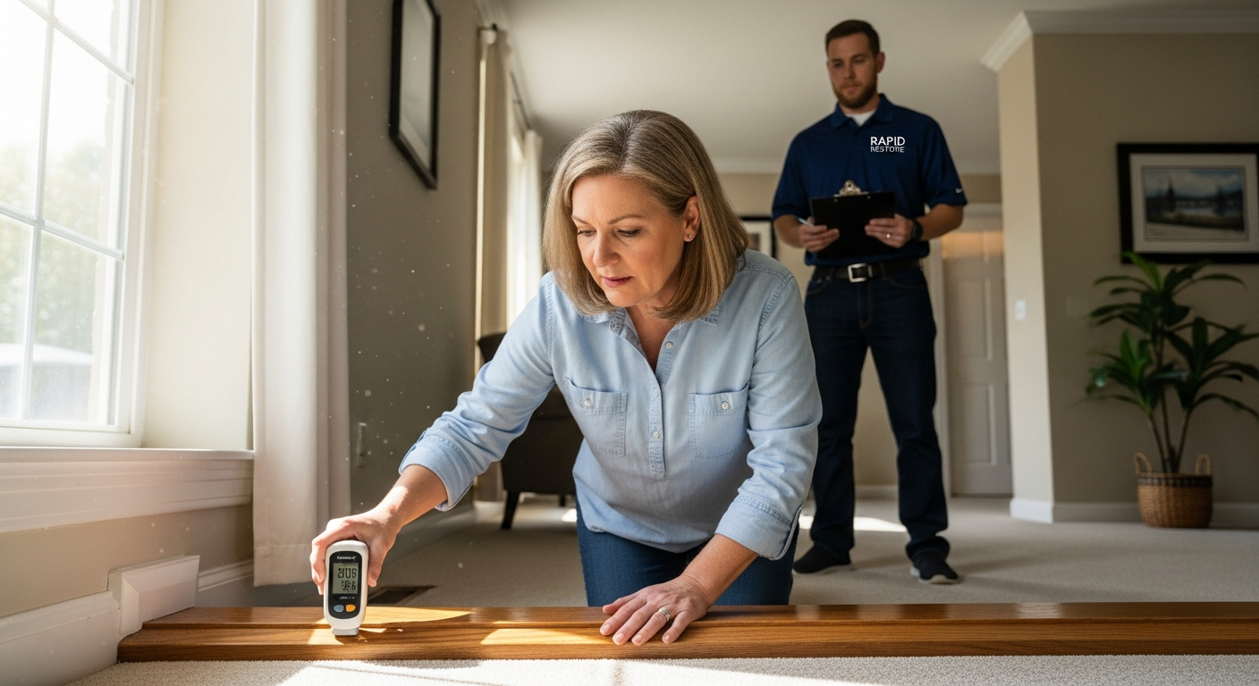 A homeowner using a moisture meter on a baseboard while consulting with a professional restoration technician in the background, residential setting, daylight — clean up water damage myself