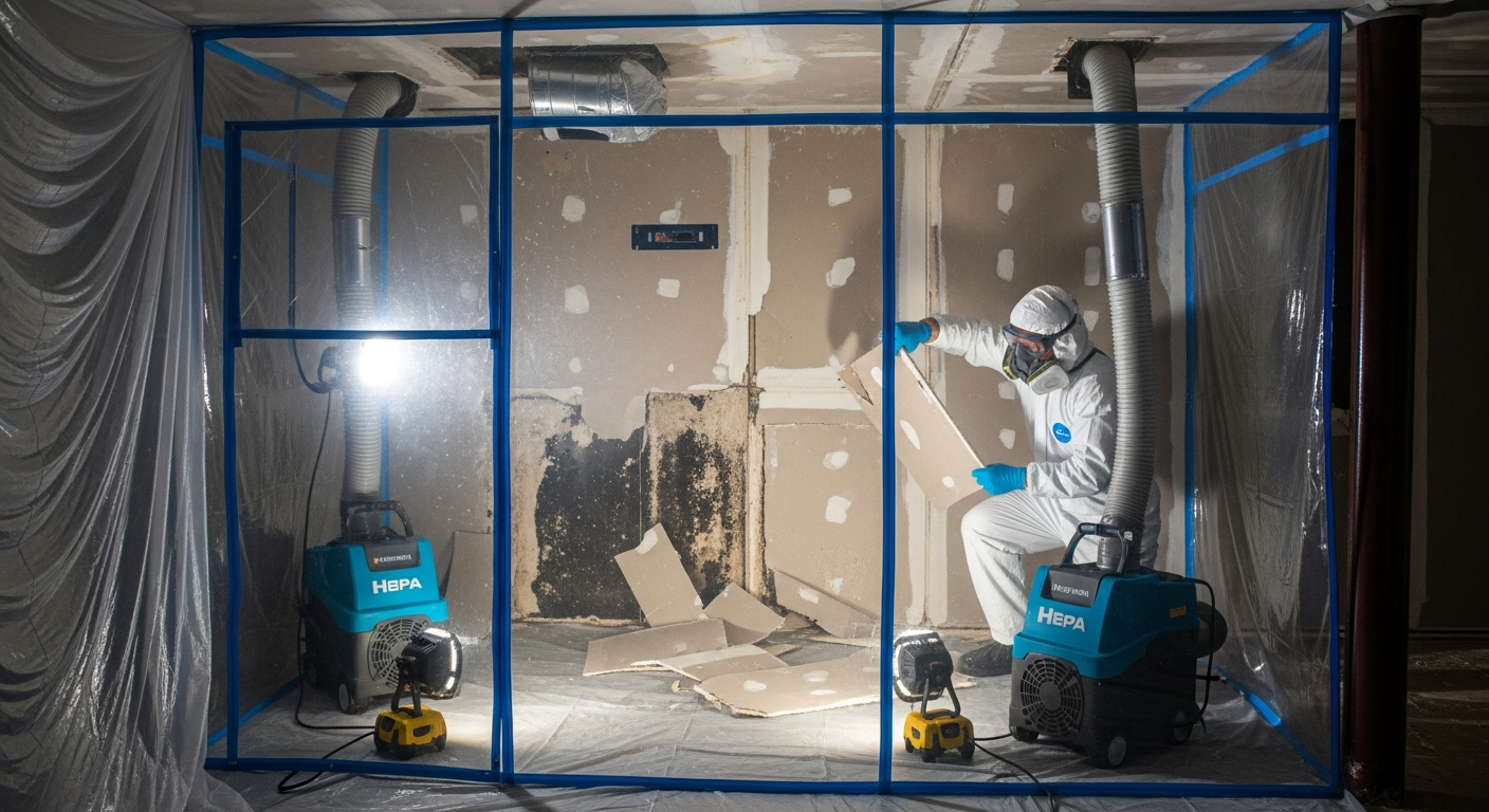 Professional mold remediation in progress with plastic containment barriers, HEPA air scrubbers, technician in full PPE removing affected drywall — remove mold myself