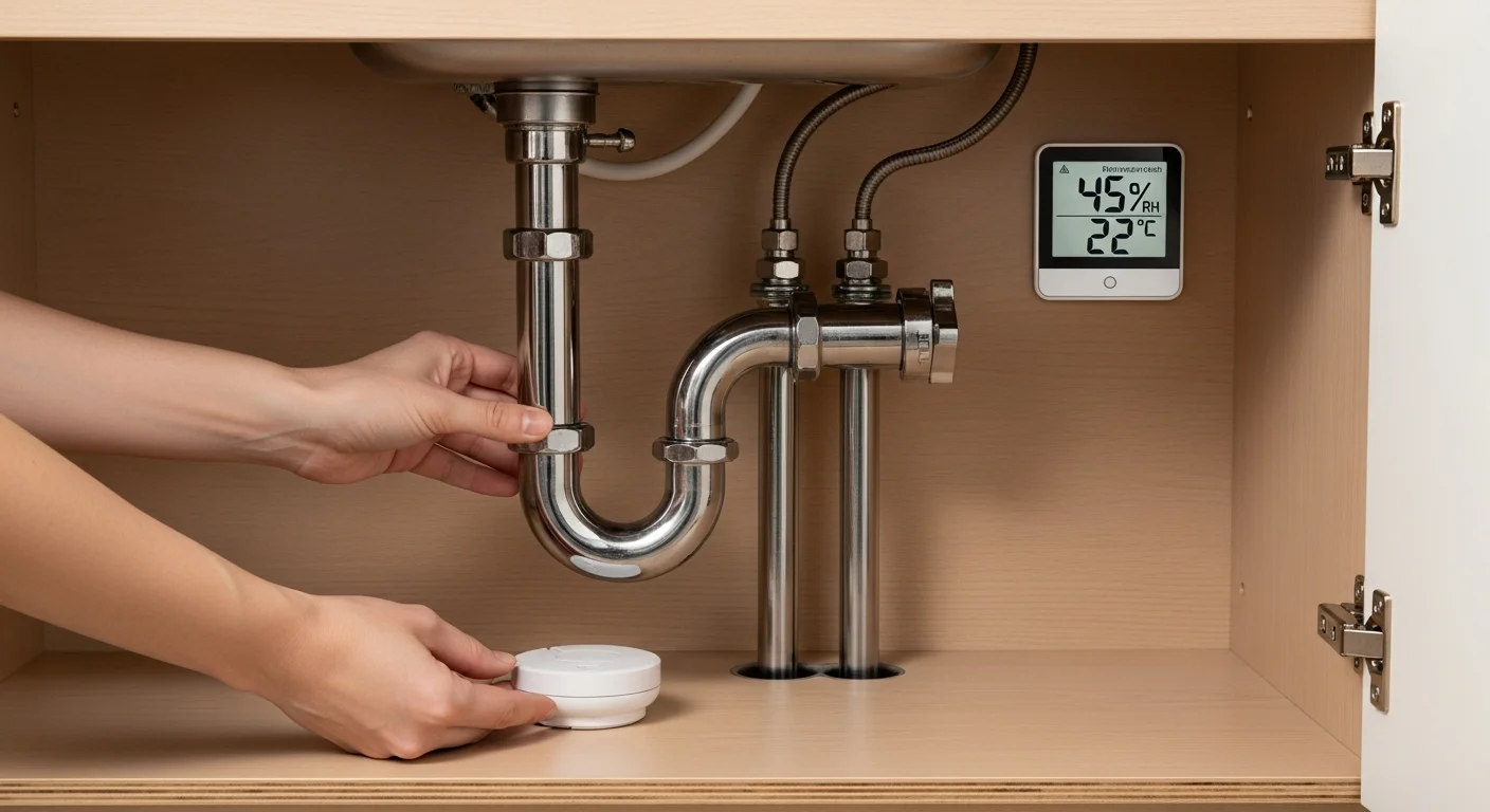 Mold prevention scene — a smart water leak detector being installed under a sink, hygrometer showing healthy humidity levels visible in the background, residential setting — remove mold myself