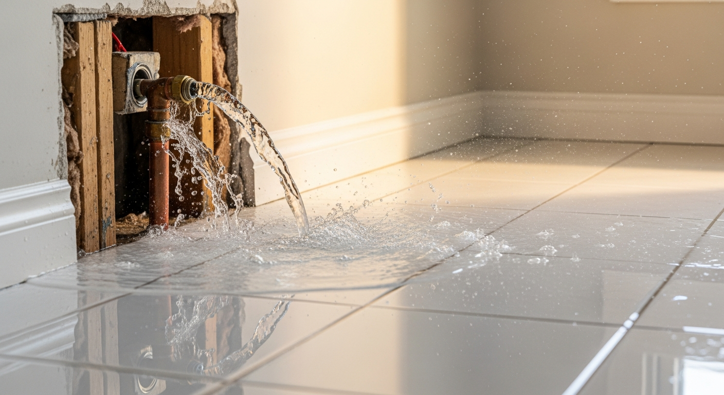Editorial photo showing clean Category 1 water leak from a burst supply pipe in a residential setting, water on tile floor, recent and contained, daylight — category 1 vs category 2 vs category 3 wate