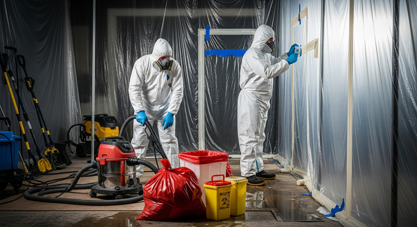 Professional Category 3 remediation in progress with technicians in full hazmat suits, plastic containment barriers, biohazard waste disposal containers, no visible faces, realistic editorial lighting