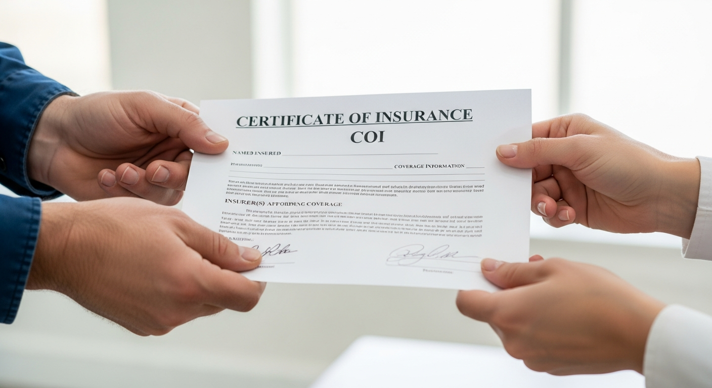 Contractor handing a Certificate of Insurance (COI) document to a homeowner