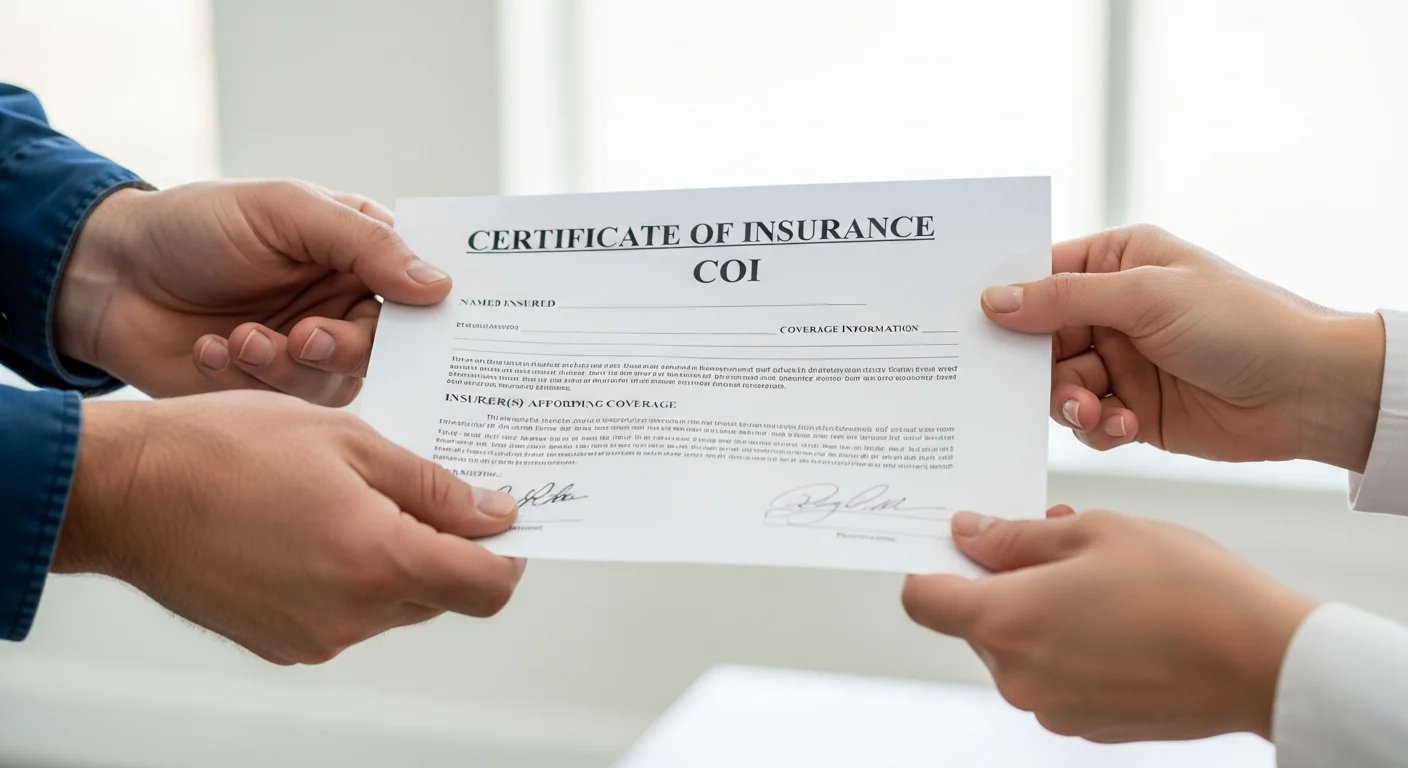 Contractor handing a Certificate of Insurance (COI) document to a homeowner