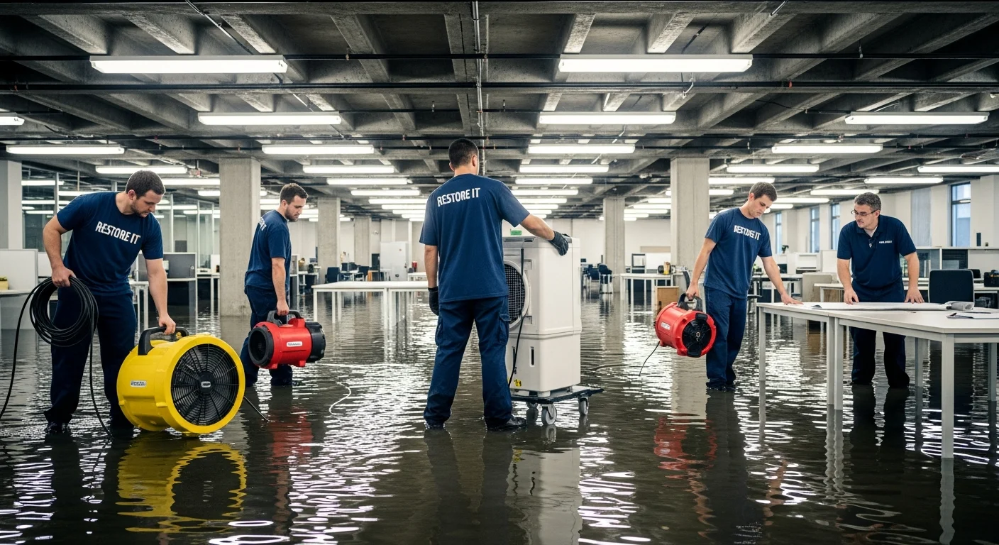 Restoration crew setting up industrial air movers and dehumidifiers inside a large flooded commercial building