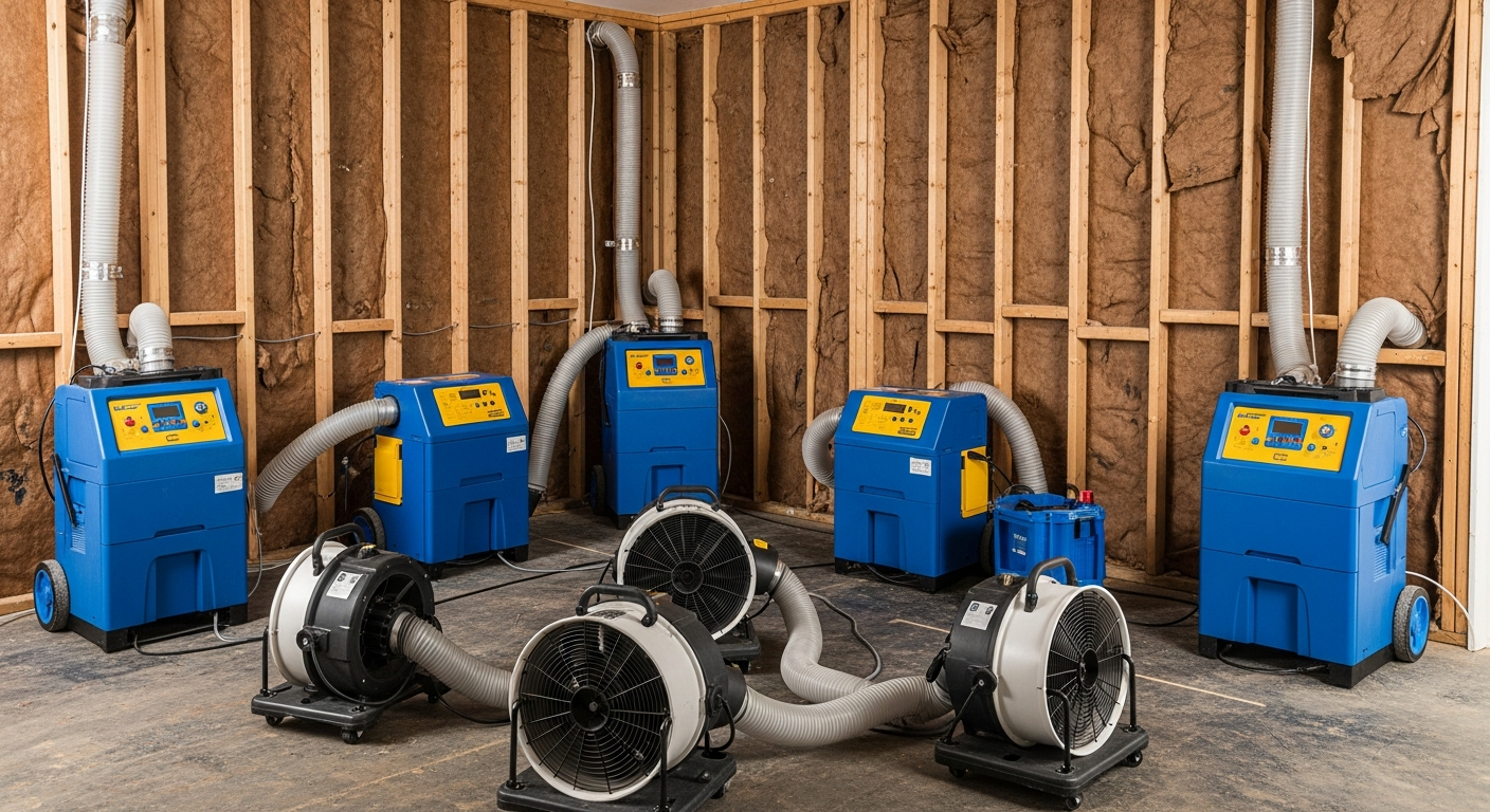Professional wall drying setup with multiple LGR dehumidifiers and air movers positioned around exposed wall framing in a residential setting — cost to dry out walls after water damage