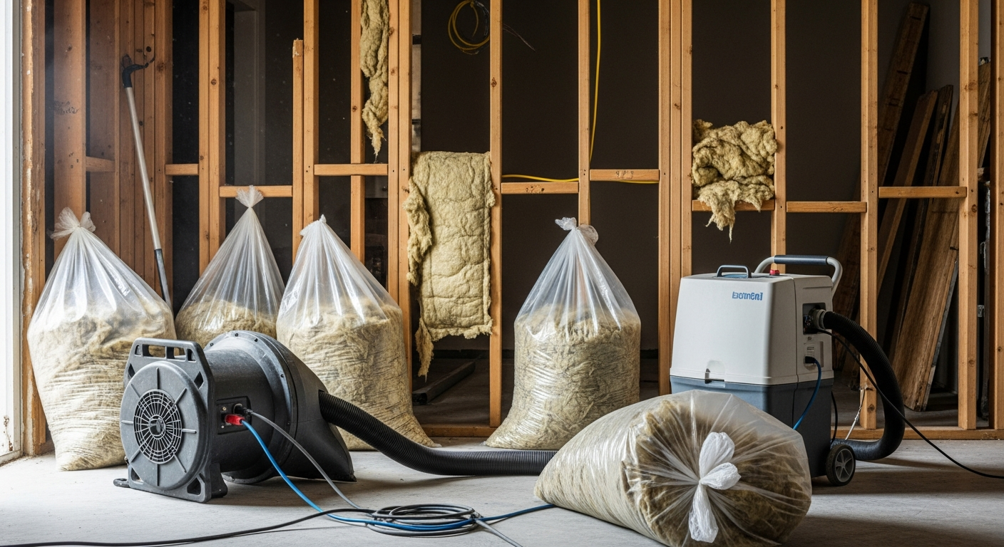 Editorial photo showing wall drying in progress with exposed studs, removed insulation in trash bags, drying equipment running, daylight — cost to dry out walls after water damage