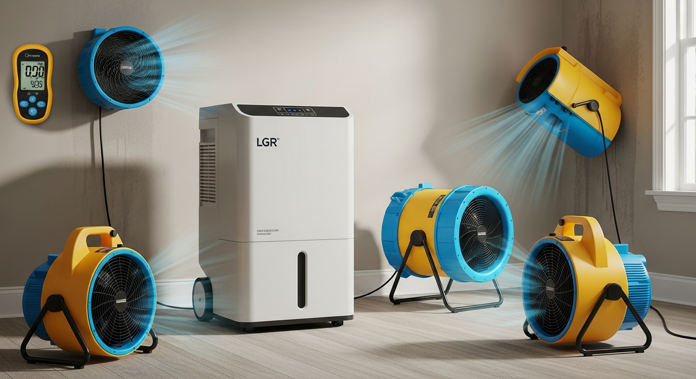 A complete professional drying setup showing both LGR dehumidifier and multiple air movers working together in a residential space, with visible moisture meter on a wall — dehumidifiers vs air movers