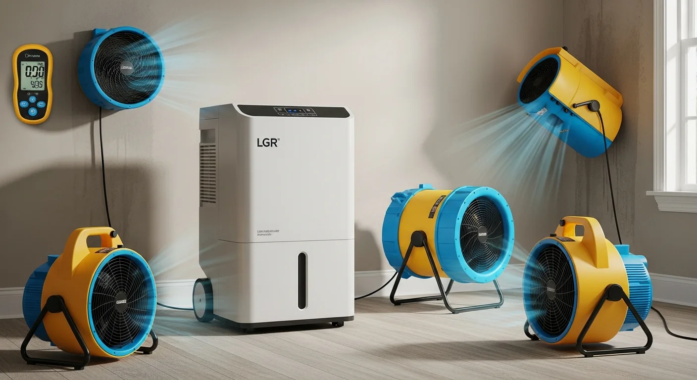 A complete professional drying setup showing both LGR dehumidifier and multiple air movers working together in a residential space, with visible moisture meter on a wall — dehumidifiers vs air movers