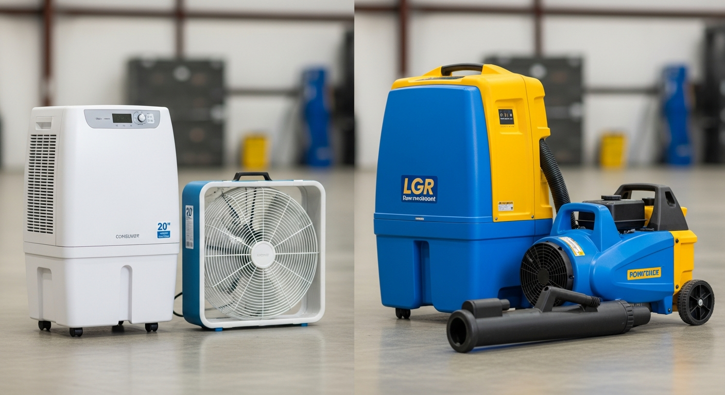 Editorial photo showing the contrast between a small consumer dehumidifier next to a much larger LGR commercial dehumidifier, with a box fan next to a professional air mover, side-by-side comparison —