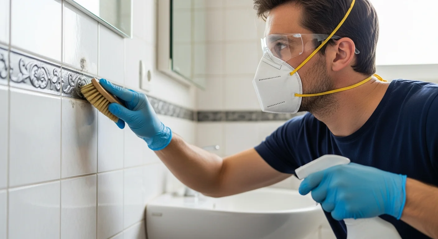 A homeowner in proper PPE (N95, gloves, eye protection) cleaning a small mold patch on bathroom tile, careful focused work, daylight — discovered mold in house
