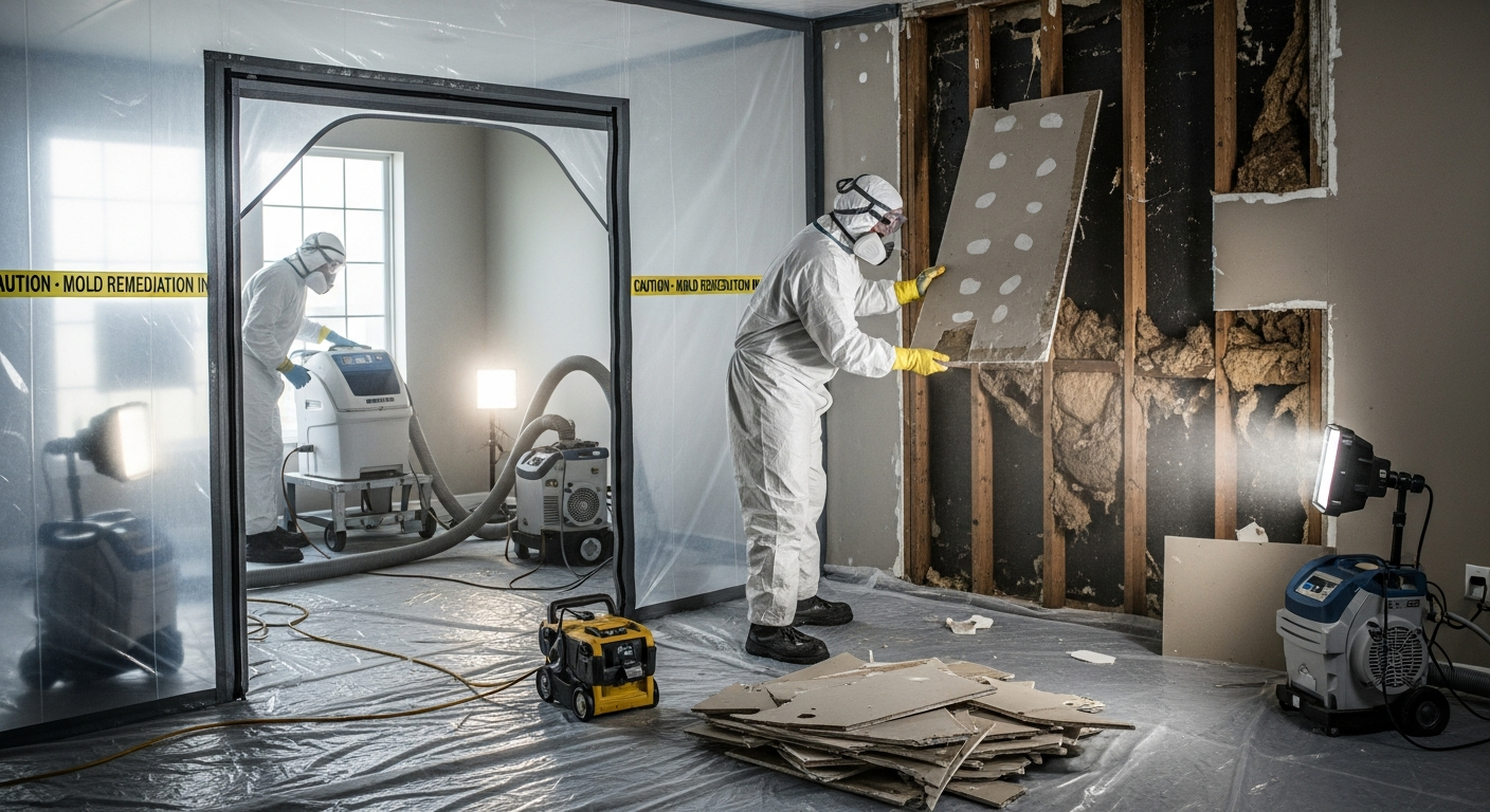 Professional mold remediation in progress with plastic containment barriers, HEPA scrubbers, and technicians in PPE removing affected drywall sections — discovered mold in house