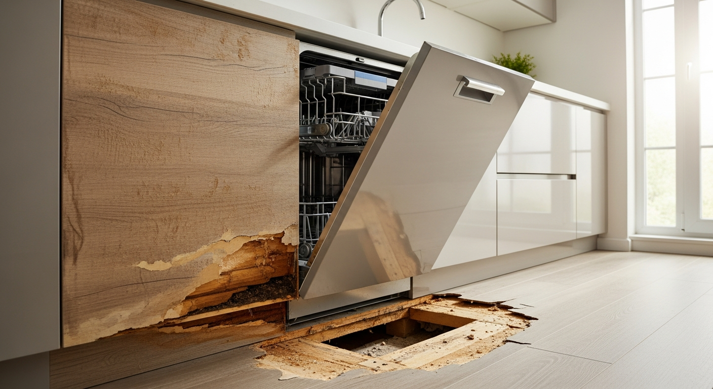 A dishwasher pulled forward from under a kitchen counter with water damage visible on the cabinet base and subfloor underneath, daylight — dishwasher leak water damage