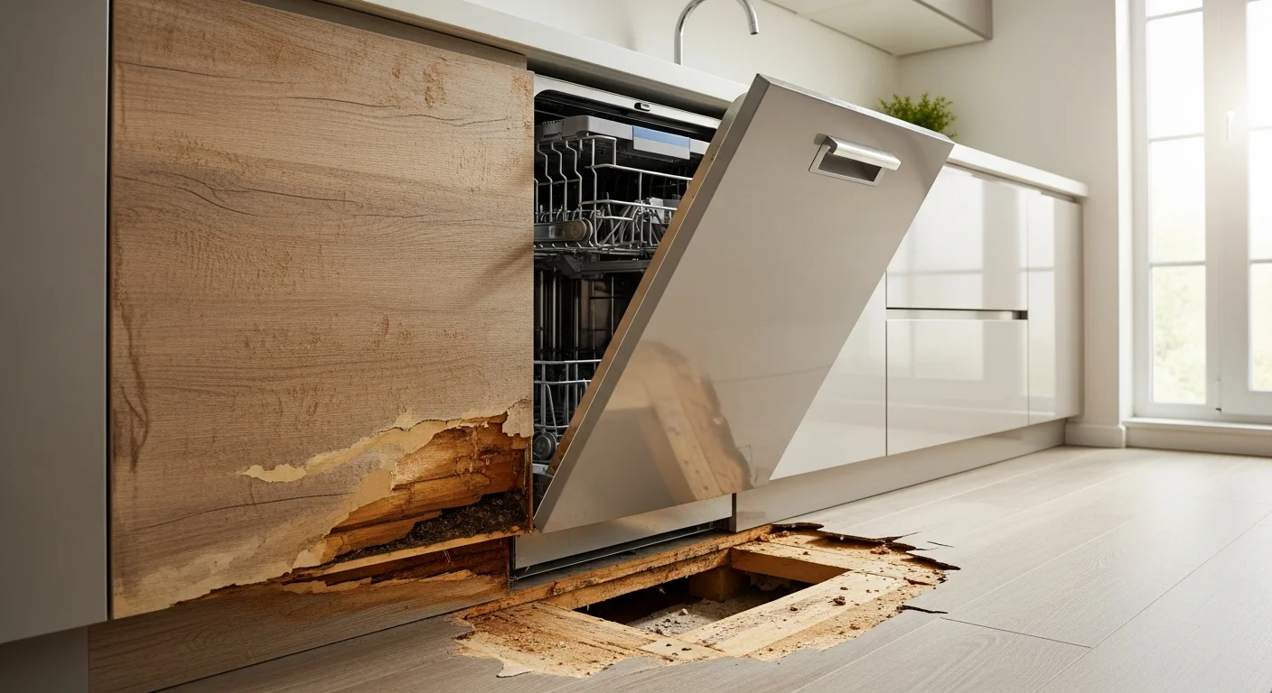 A dishwasher pulled forward from under a kitchen counter with water damage visible on the cabinet base and subfloor underneath, daylight — dishwasher leak water damage