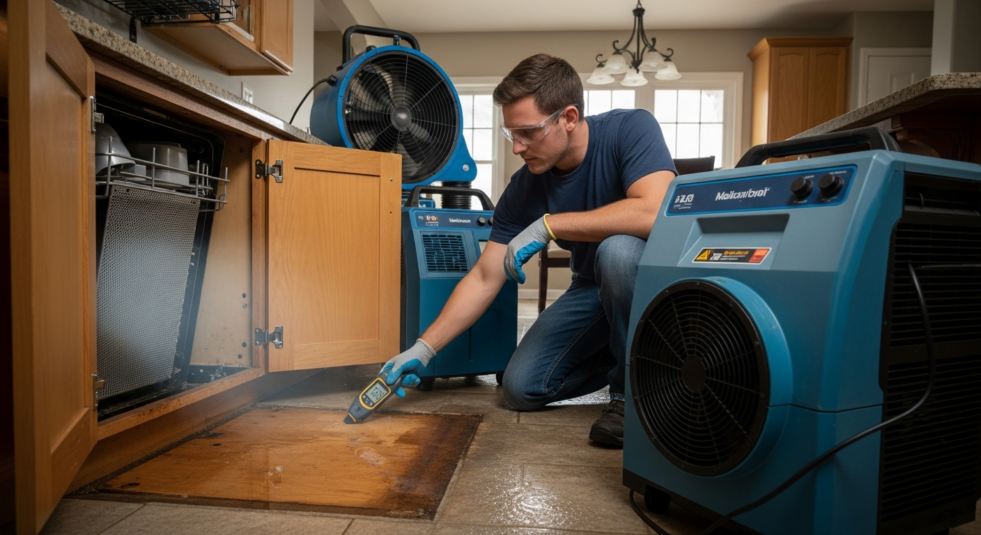 A professional restoration technician using a moisture meter on a kitchen subfloor and cabinet base after a dishwasher leak, drying equipment visible — dishwasher leak water damage