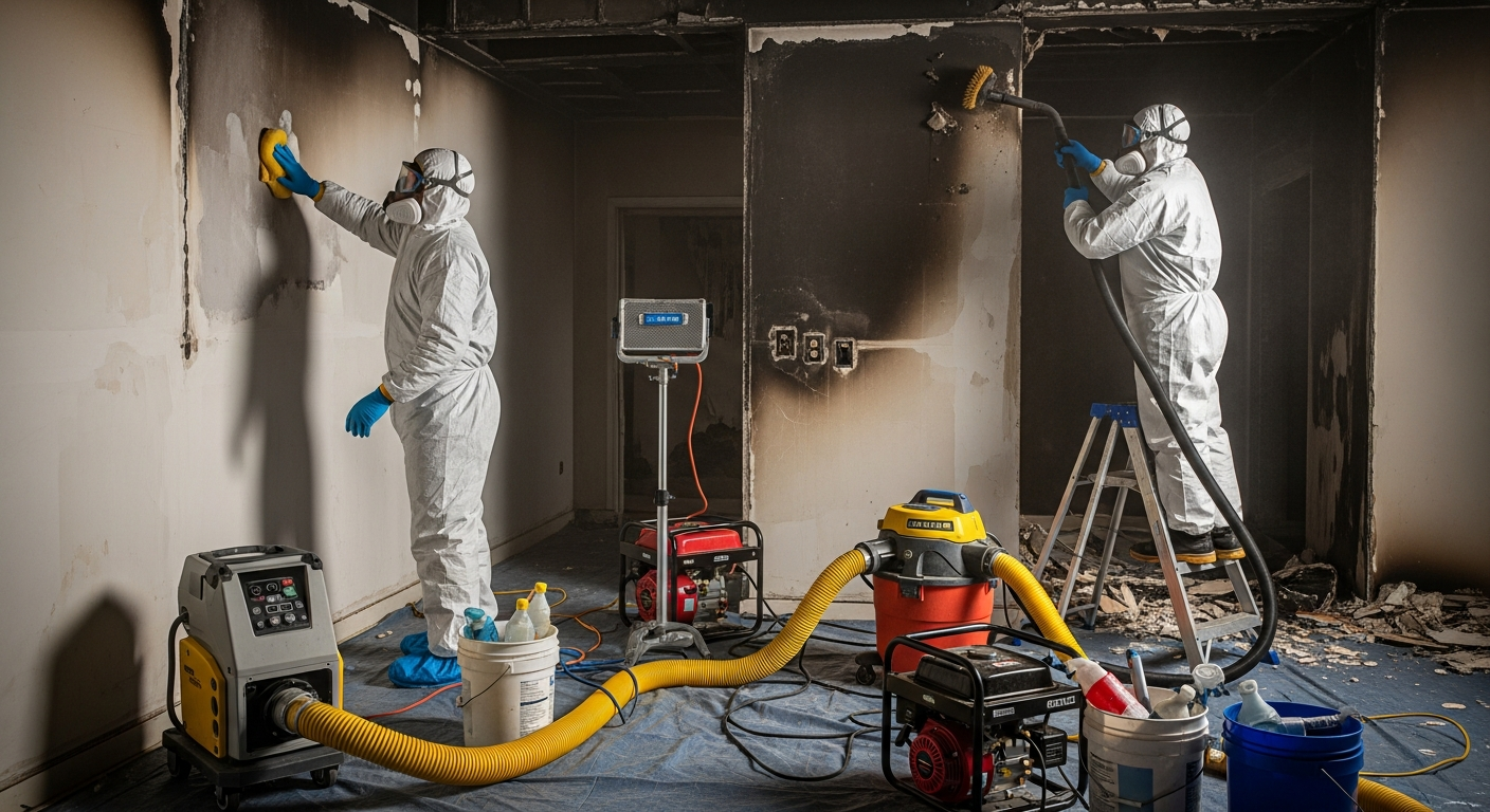 Professional fire restoration in progress with technicians in PPE using specialized cleaning techniques on smoke-stained walls, equipment visible — diy fire damage cleanup
