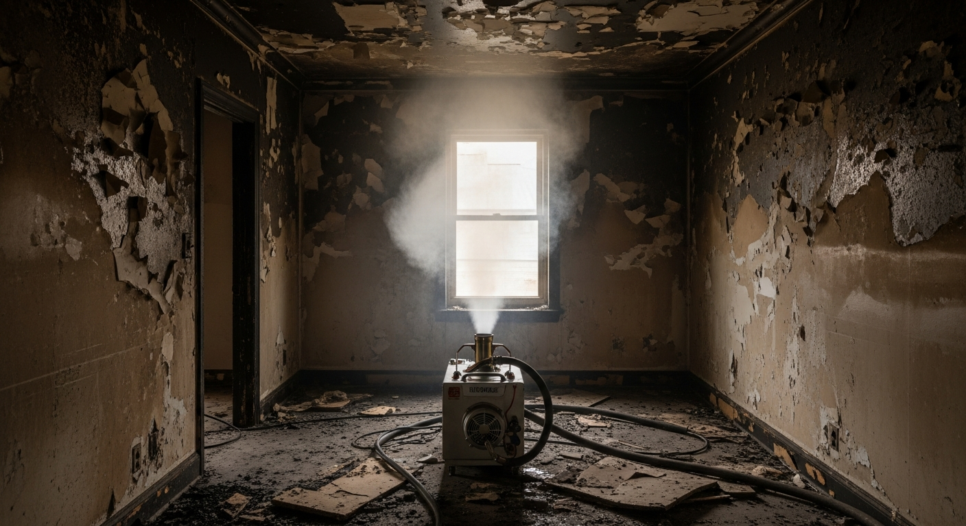 A thermal fogger or hydroxyl generator running in a fire-damaged room as part of professional odor neutralization — diy fire damage cleanup