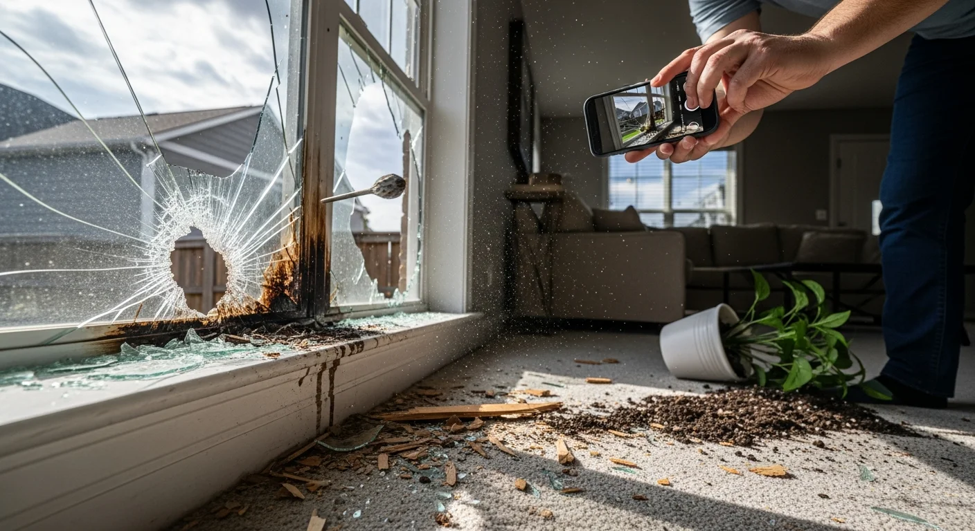 Homeowner using a smartphone to record video of a broken window and debris for an insurance claim