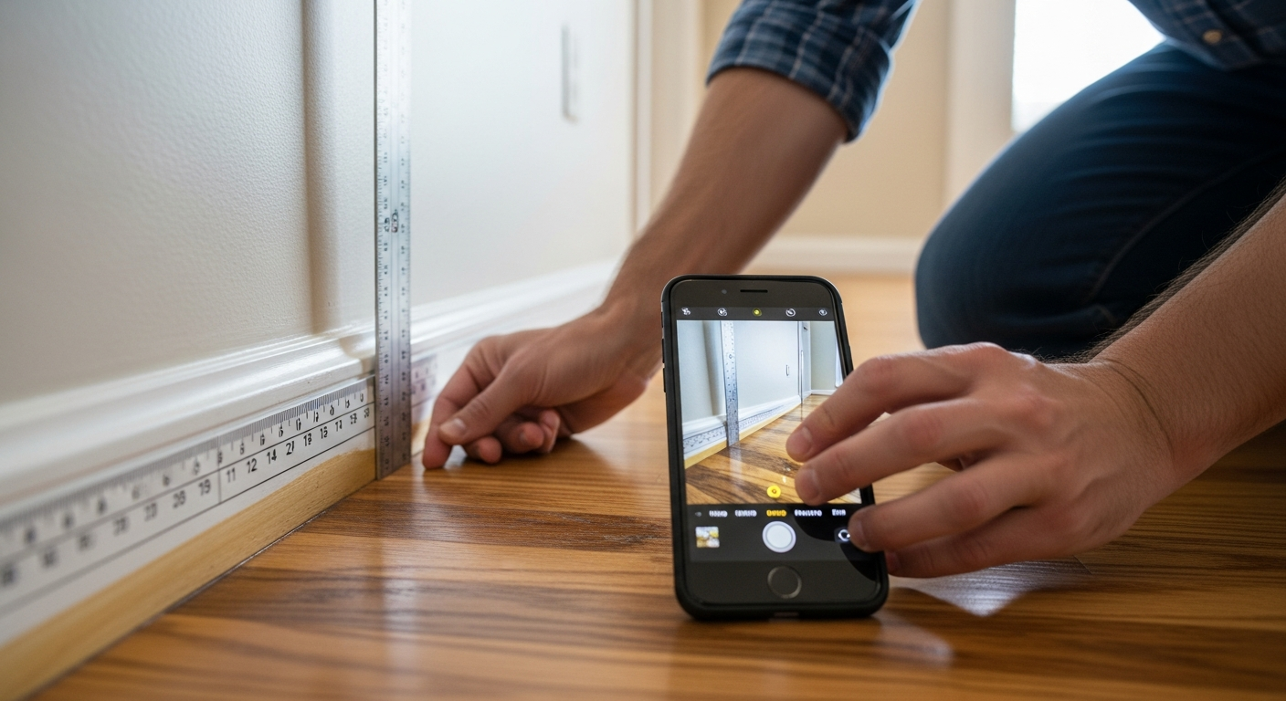 Homeowner using smartphone to photograph water damage with a ruler showing flood level on the wall