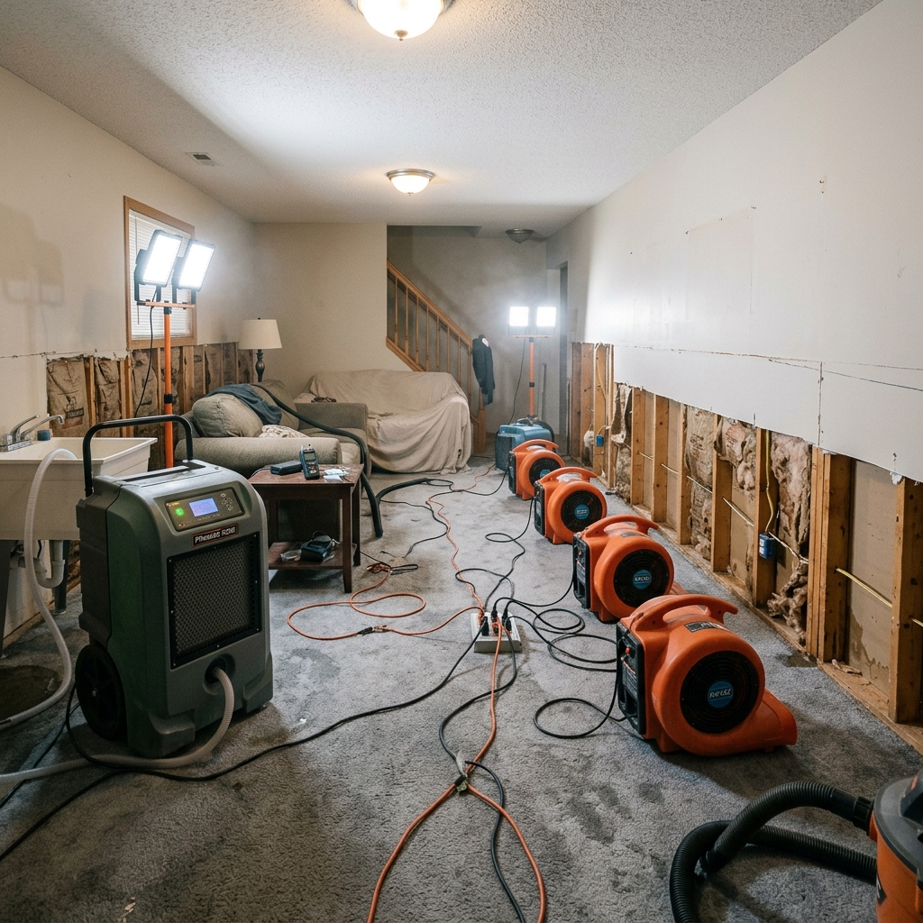 Residential room with commercial air movers and dehumidifiers set up for structural drying