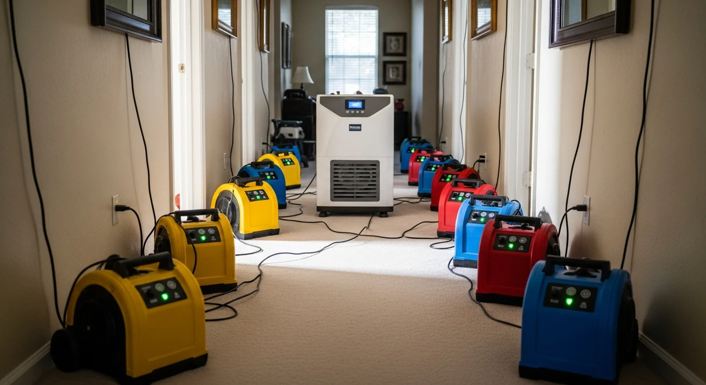 Hallway lined with commercial air movers and dehumidifier during active structural drying after water damage