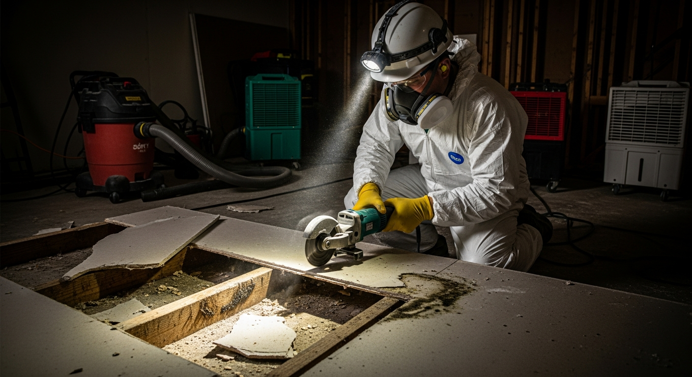 Restoration contractor in PPE removing water-damaged, moldy drywall to expose wooden studs