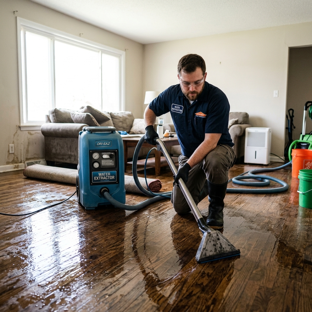 Restoration technician performing emergency water extraction on a flooded living room floor