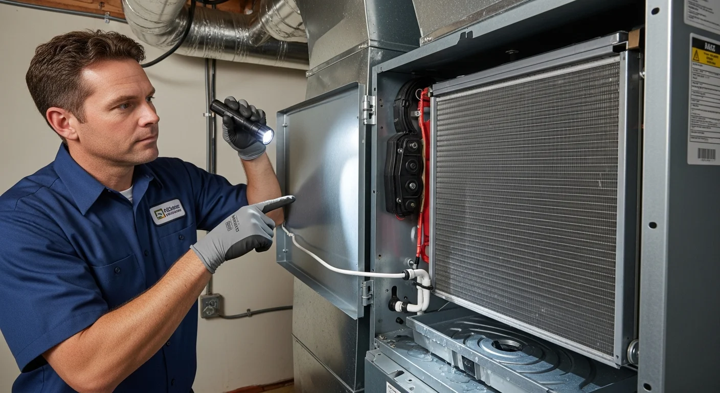 HVAC technician inspecting an indoor air handler unit for mold on the evaporator coils