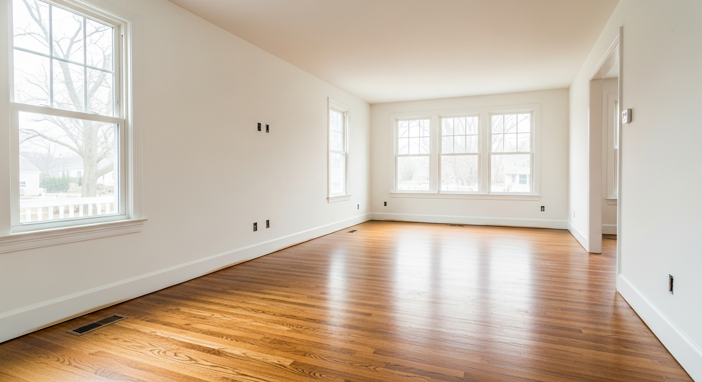 Beautifully finished living room after water damage reconstruction with new walls, flooring, and trim