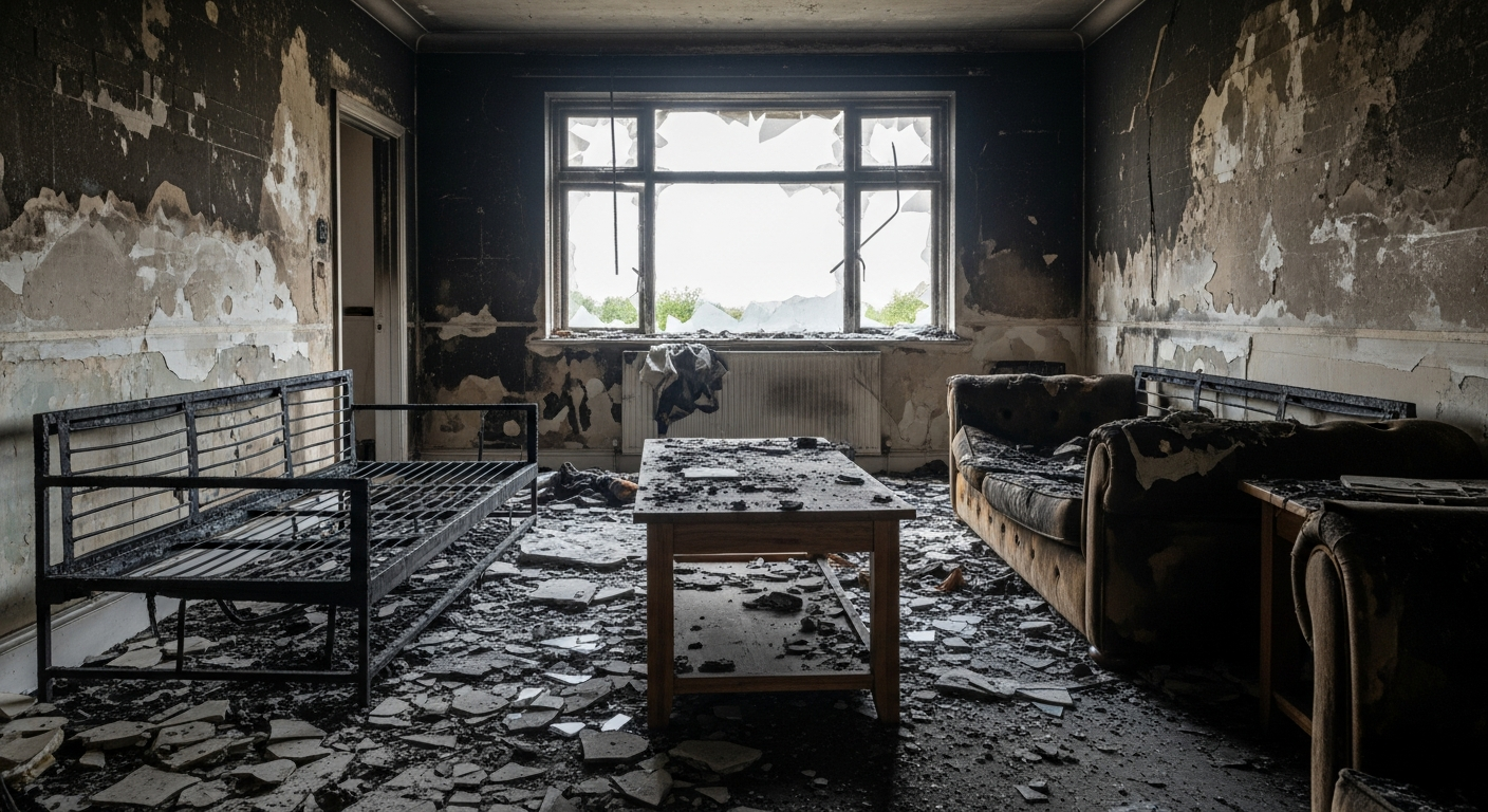A fire-damaged residential living room interior with charred furniture, soot-blackened walls, and daylight streaming in through a broken window