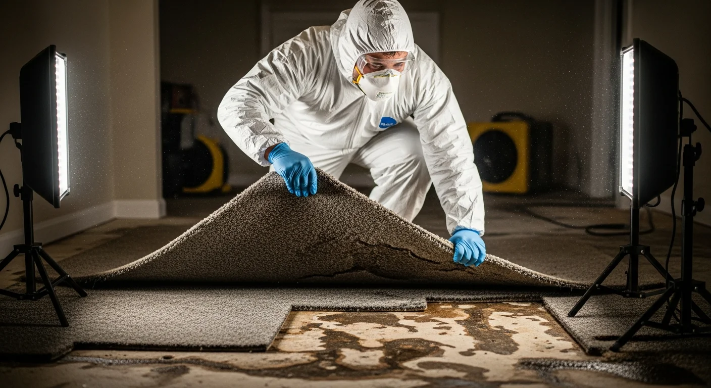 Restoration worker removing flood-damaged carpet and padding from a residential room