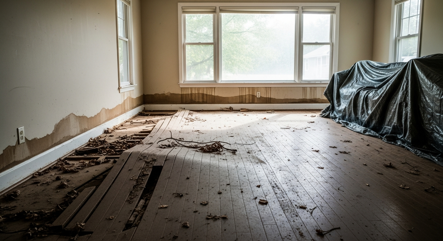 Flood-damaged living room showing water stain lines on walls and warped flooring