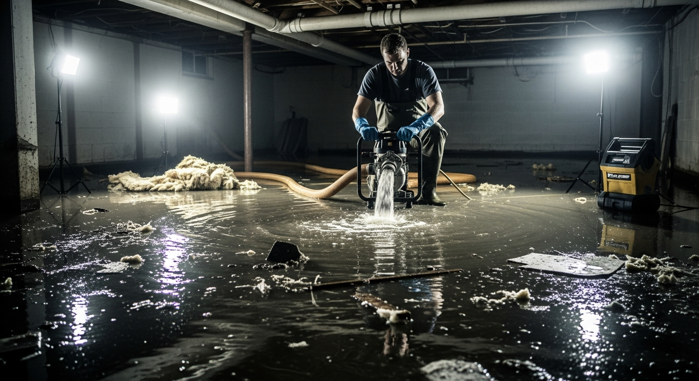 Restoration technician using an industrial pump to extract floodwater from a residential basement