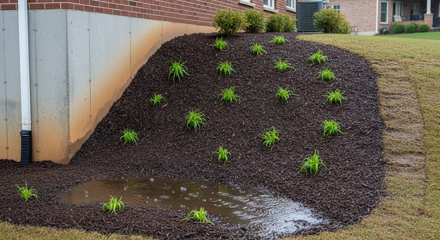 Proper residential landscaping grading sloping visibly downward away from a home's concrete foundation