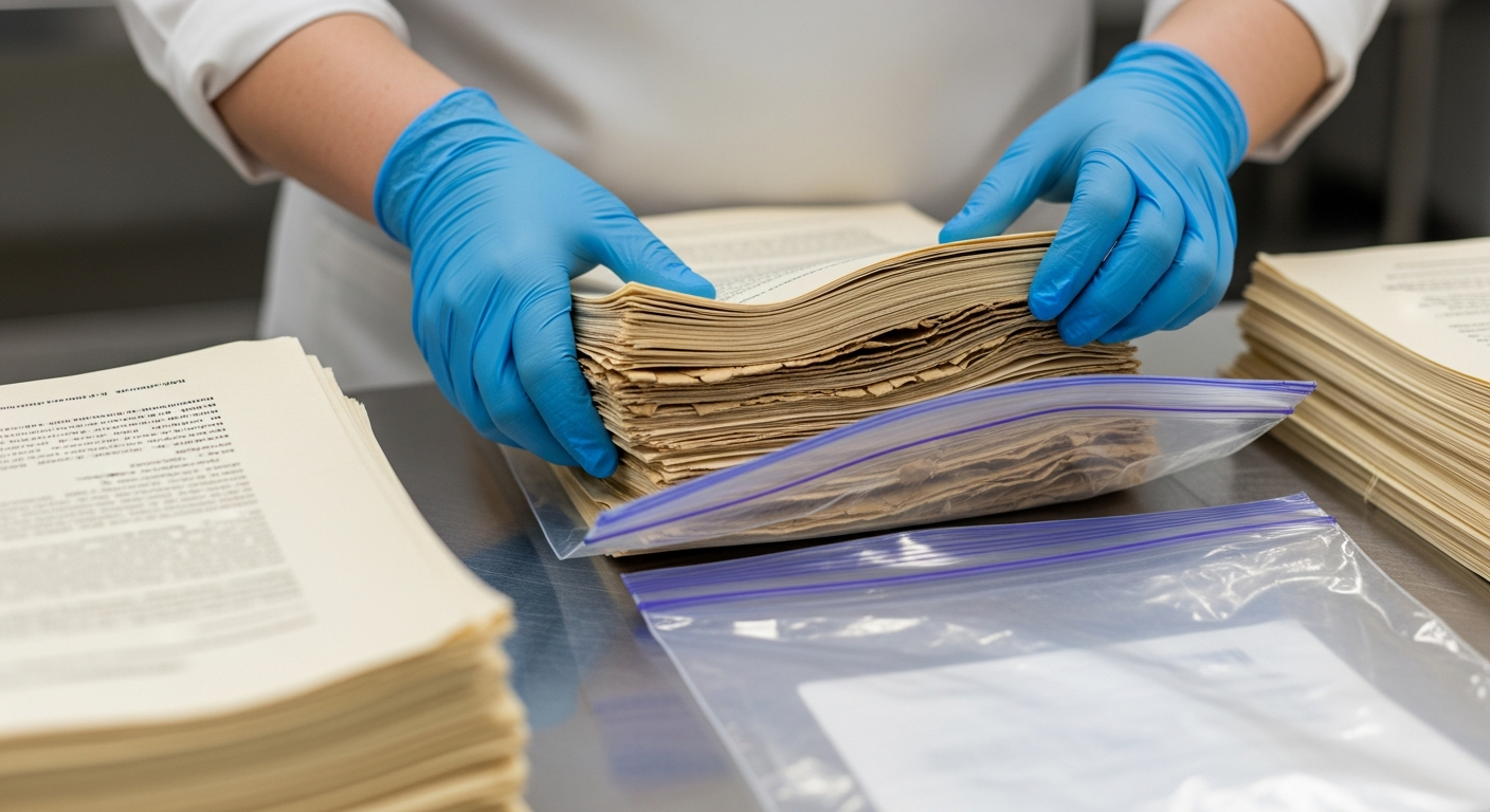 Person placing stacks of wet, water-damaged paper documents into clear plastic ziplock freezer bags