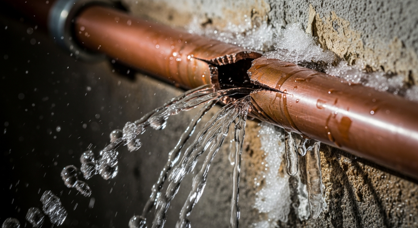 Burst copper water pipe with visible split from freezing, showing ice crystals around the break