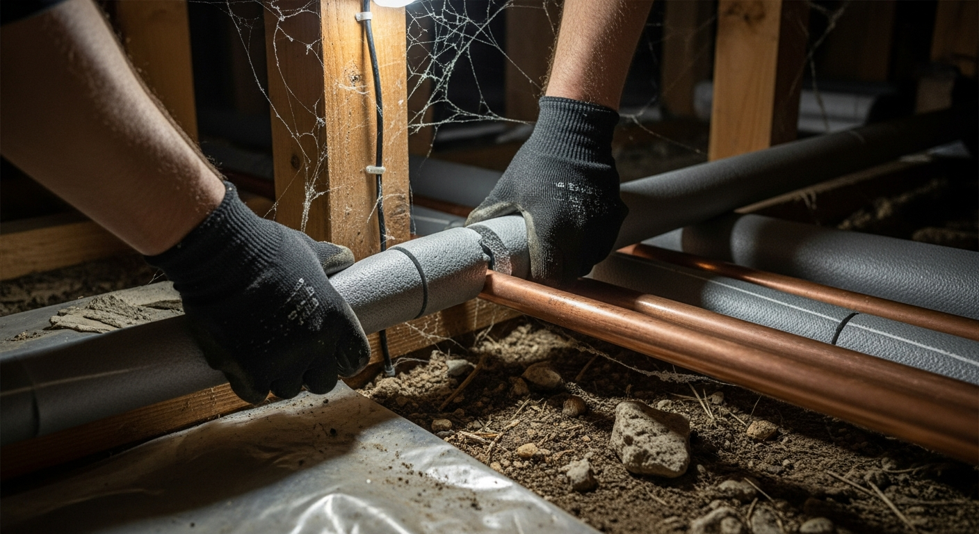 Foam pipe insulation being installed on exposed copper pipes in an unheated crawl space to prevent freezing