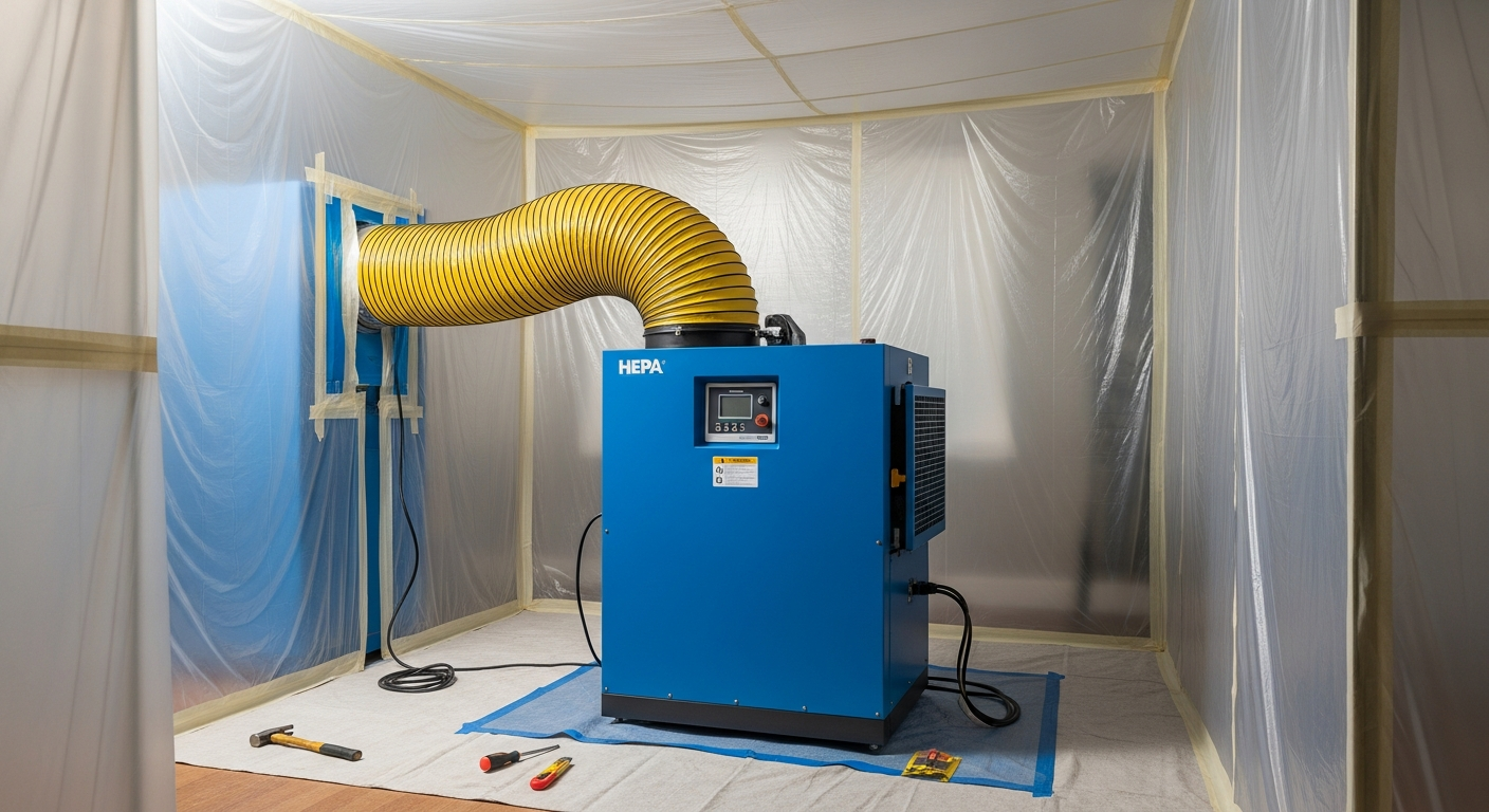 Industrial HEPA air scrubber operating inside a plastic containment zone during mold remediation