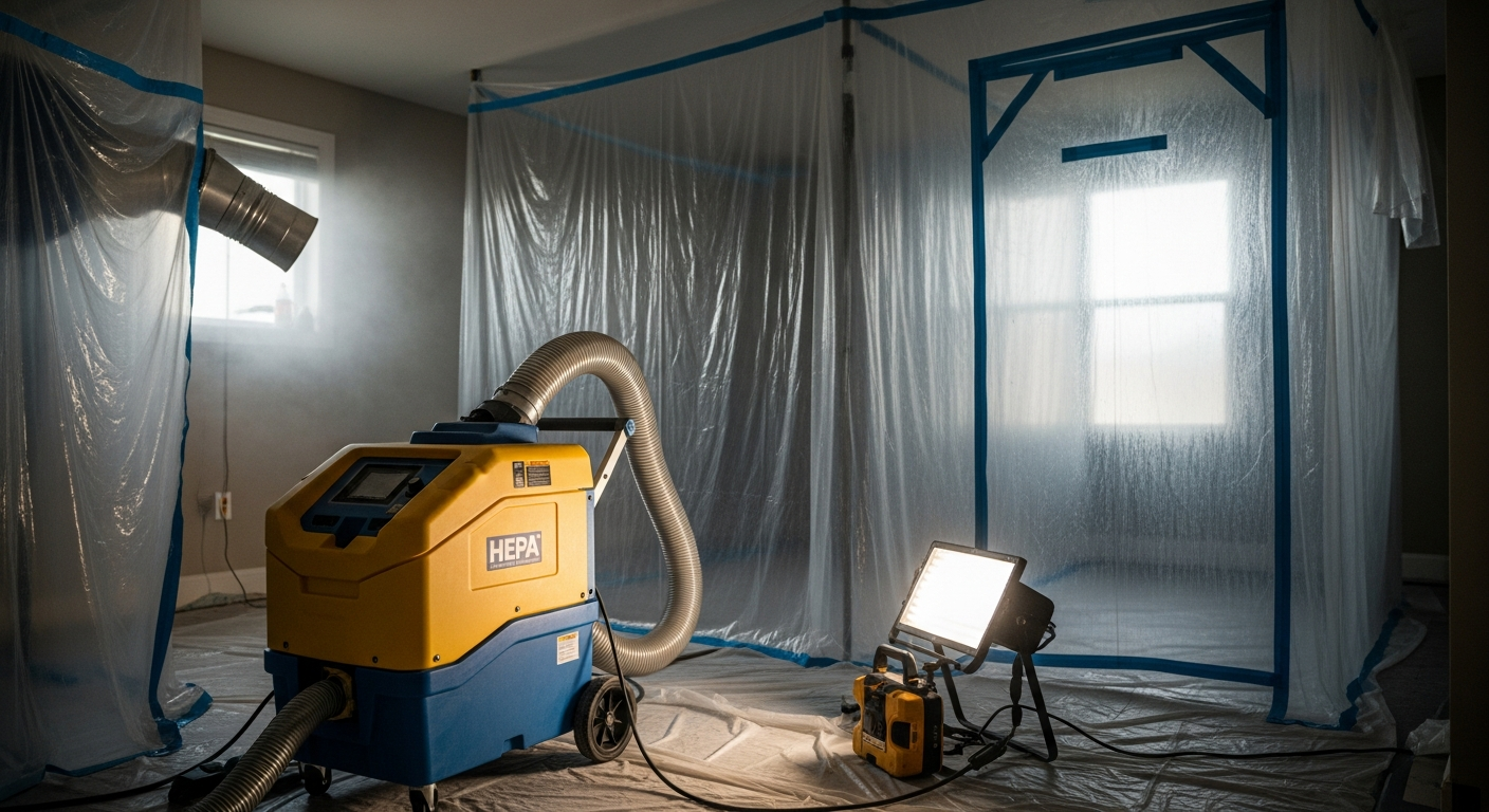 Commercial HEPA air scrubber running during mold remediation with containment plastic visible