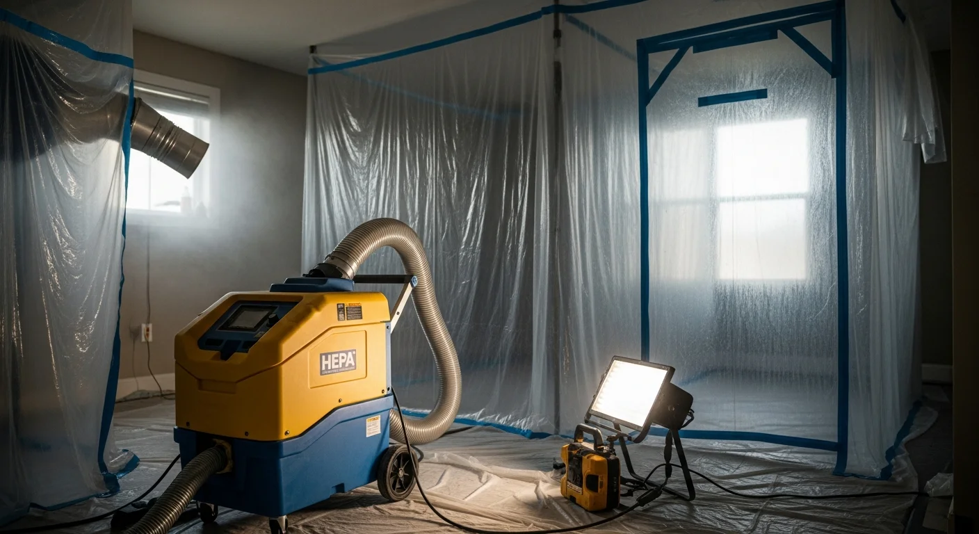 Commercial HEPA air scrubber running during mold remediation with containment plastic visible